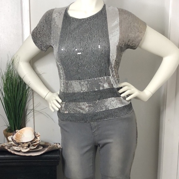 Michael Kors Silver Sequin Viscose Loose Flowy Dressy‎ Tee T-Shirt Top Blouse S - Picture 8 of 14